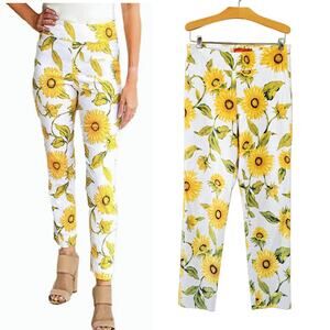 KRAZY LARRY Sunflower Print Slim Ankle Pant Size 6 Yellow White Floral Pull on